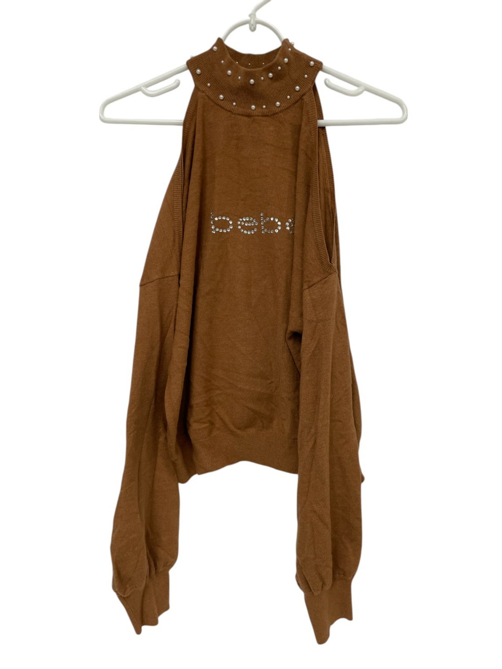 Bebe Top Women's M Brown Knitted Rhinestone Long Sleeve High Neck Pullover
